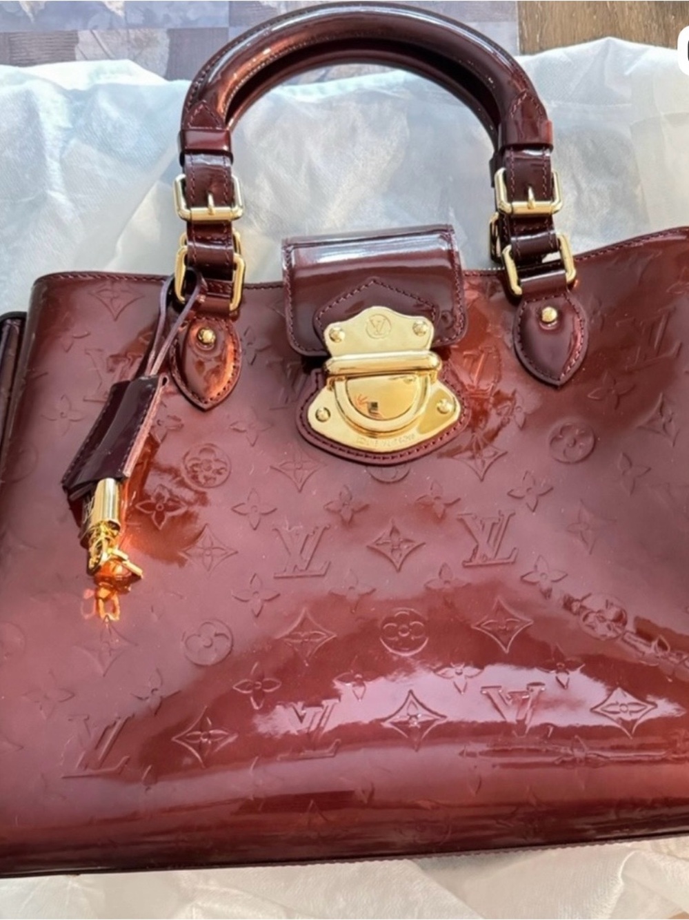 Louis Vuitton Burgundy Vernis Monogram Satchel with Gold Hardware